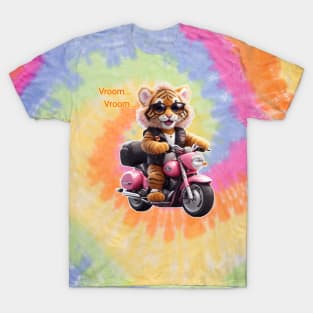 cute tiger with sunglasses raiding pink bike funny T-Shirt